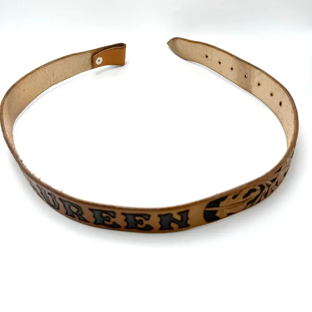 Maureen Vintage Western Name Belt 32 Hand Tooled Brown Leather Leaves No Buckle